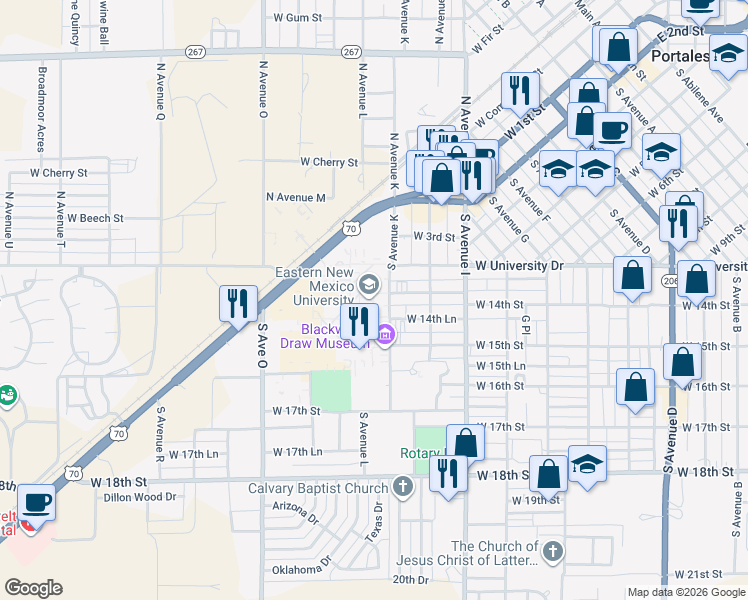 map of restaurants, bars, coffee shops, grocery stores, and more near 1129 West 14th Street in Portales