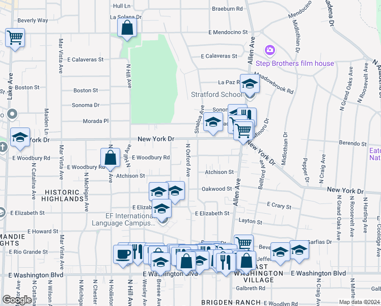 map of restaurants, bars, coffee shops, grocery stores, and more near 1655 East Woodbury Road in Pasadena