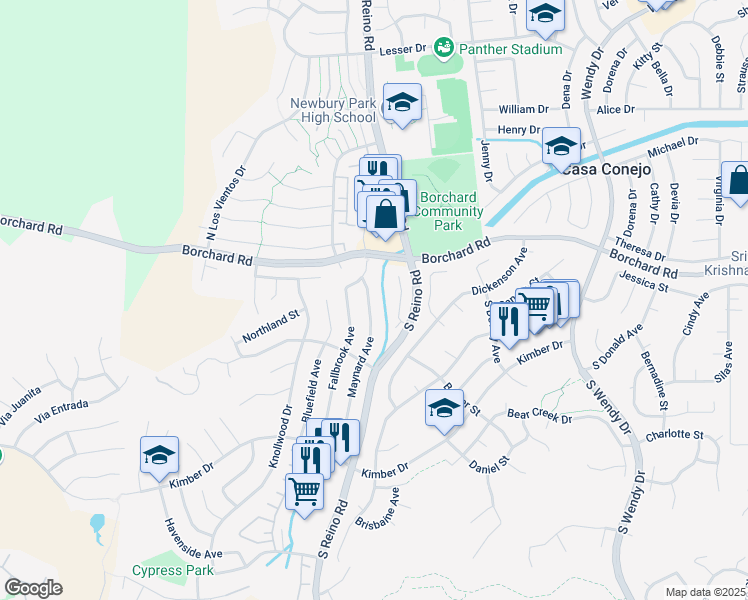 map of restaurants, bars, coffee shops, grocery stores, and more near 41 Maynard Avenue in Thousand Oaks