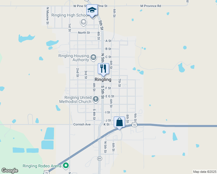 map of restaurants, bars, coffee shops, grocery stores, and more near 116 6th Street in Ringling