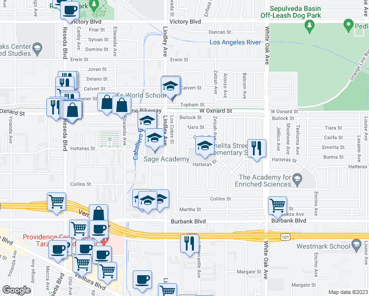 map of restaurants, bars, coffee shops, grocery stores, and more near 5839 Bertrand Avenue in Los Angeles