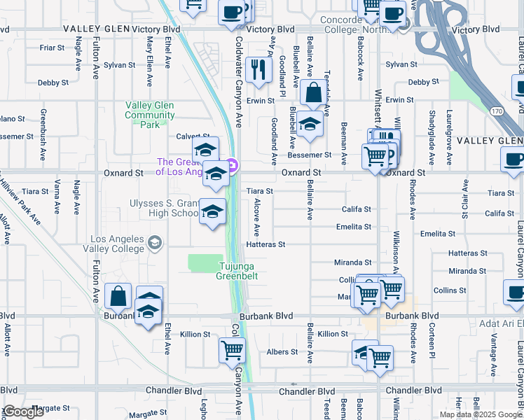 map of restaurants, bars, coffee shops, grocery stores, and more near 5860 Alcove Avenue in Los Angeles