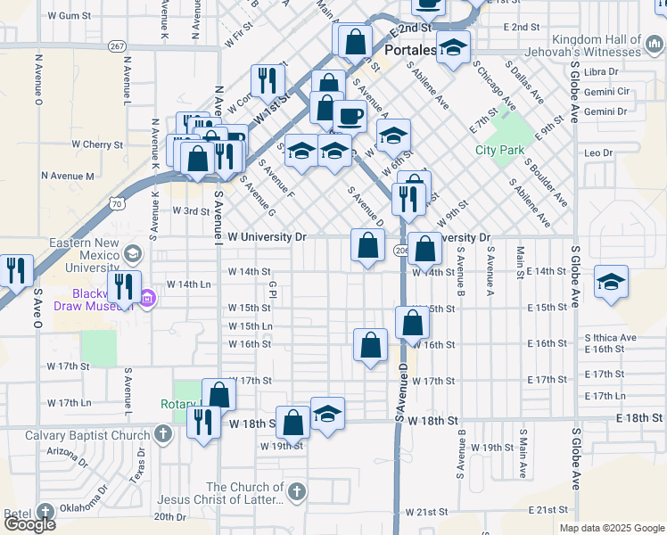 map of restaurants, bars, coffee shops, grocery stores, and more near 1335 South Avenue F in Portales