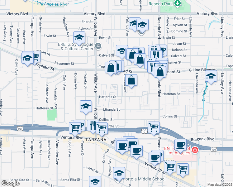 map of restaurants, bars, coffee shops, grocery stores, and more near 18737 Hatteras Street in Los Angeles
