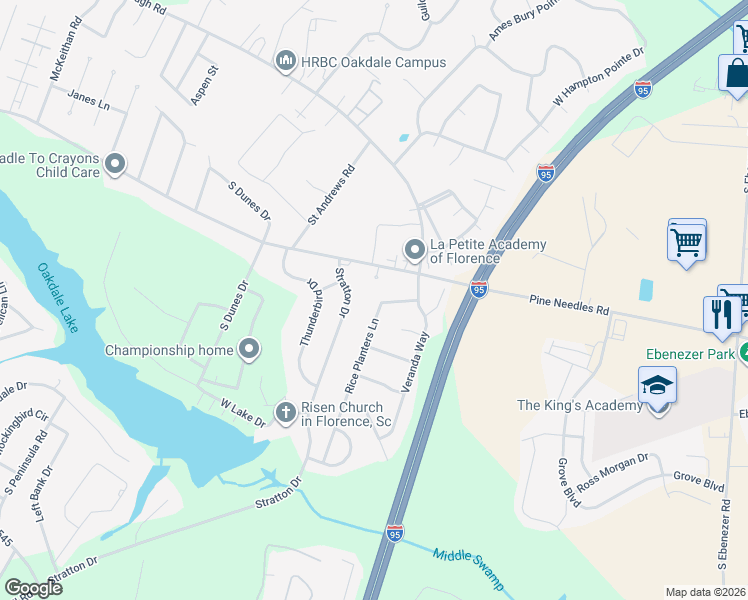 map of restaurants, bars, coffee shops, grocery stores, and more near 820 Stratton Drive in Florence