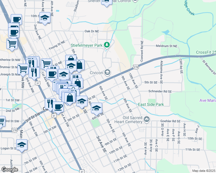 map of restaurants, bars, coffee shops, grocery stores, and more near 609 4th Street Southeast in Cullman