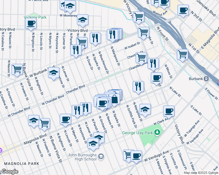 map of restaurants, bars, coffee shops, grocery stores, and more near 617 North Beachwood Drive in Burbank
