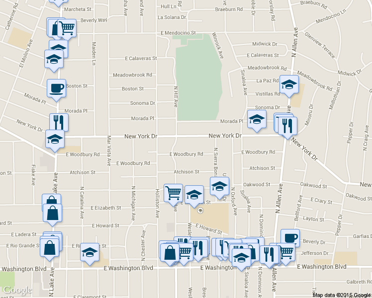 map of restaurants, bars, coffee shops, grocery stores, and more near 1451 East Woodbury Road in Pasadena