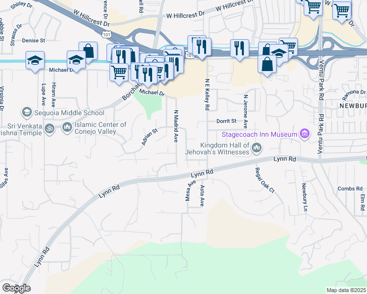 map of restaurants, bars, coffee shops, grocery stores, and more near 65 South Ocatillo Avenue in Thousand Oaks