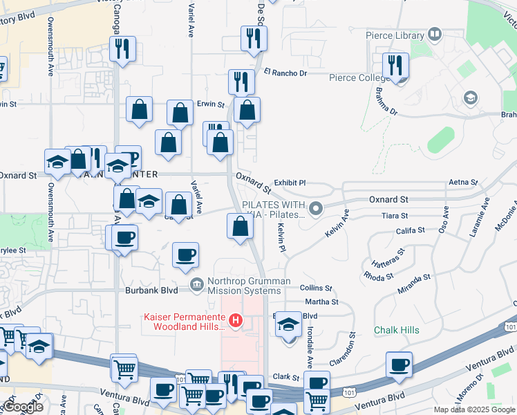 map of restaurants, bars, coffee shops, grocery stores, and more near 5857 Serrania Avenue in Los Angeles
