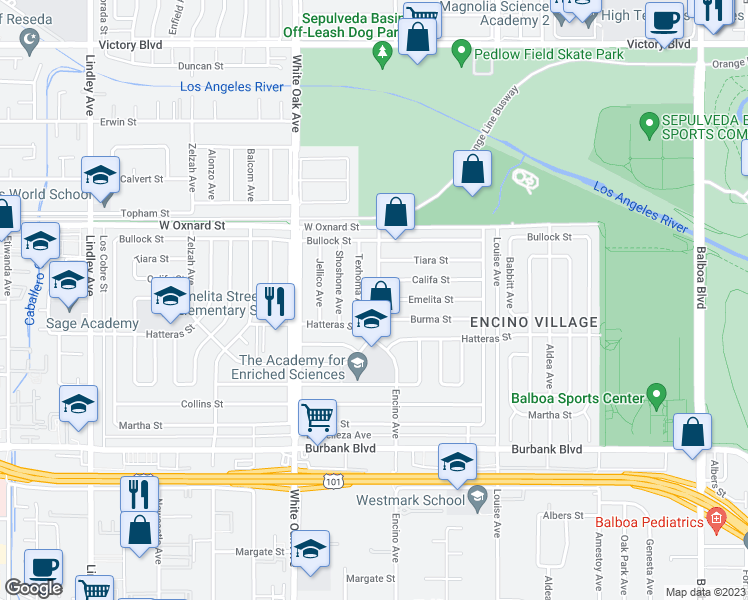 map of restaurants, bars, coffee shops, grocery stores, and more near 5877 Encino Avenue in Los Angeles