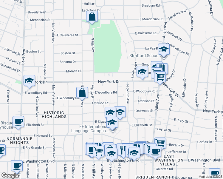 map of restaurants, bars, coffee shops, grocery stores, and more near 1531 East Woodbury Road in Pasadena