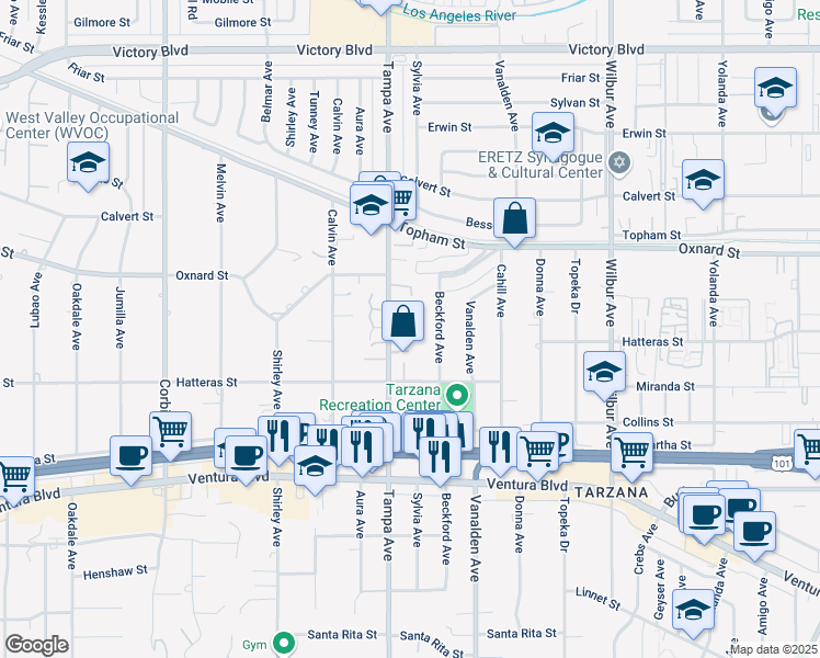map of restaurants, bars, coffee shops, grocery stores, and more near 19236 Califa Street in Los Angeles