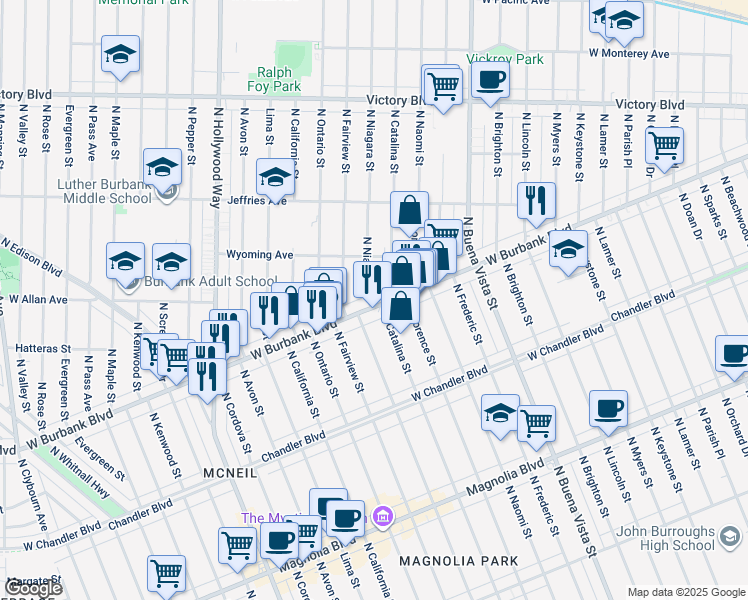 map of restaurants, bars, coffee shops, grocery stores, and more near 2829 West Burbank Boulevard in Burbank