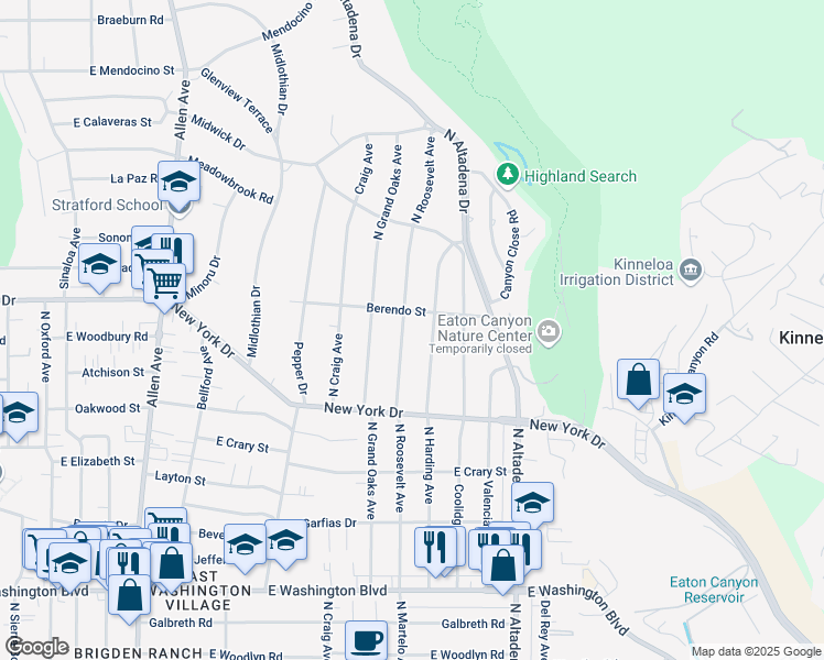 map of restaurants, bars, coffee shops, grocery stores, and more near 1826 North Roosevelt Avenue in Altadena