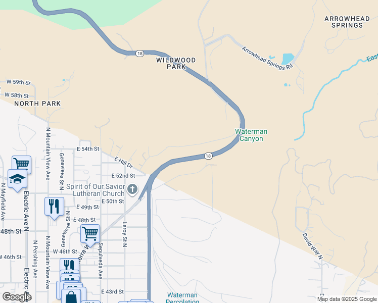 map of restaurants, bars, coffee shops, grocery stores, and more near 5402 Park Lane in San Bernardino