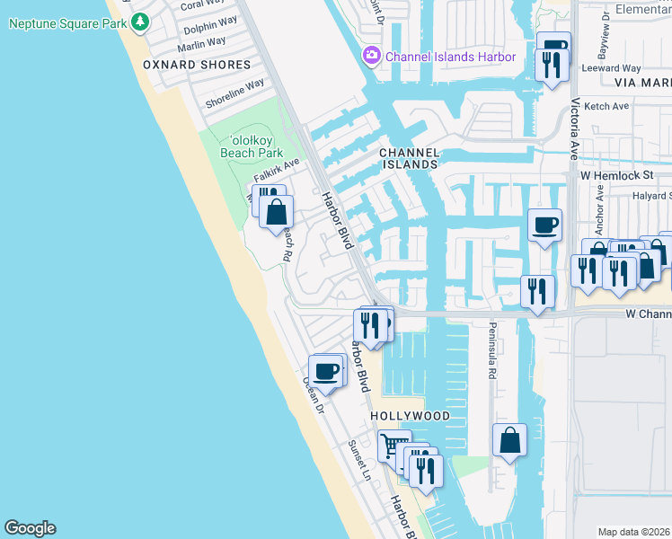 map of restaurants, bars, coffee shops, grocery stores, and more near 2353 Martinique Lane in Oxnard