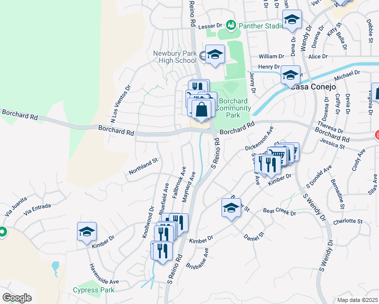 map of restaurants, bars, coffee shops, grocery stores, and more near 41 Maynard Avenue in Thousand Oaks