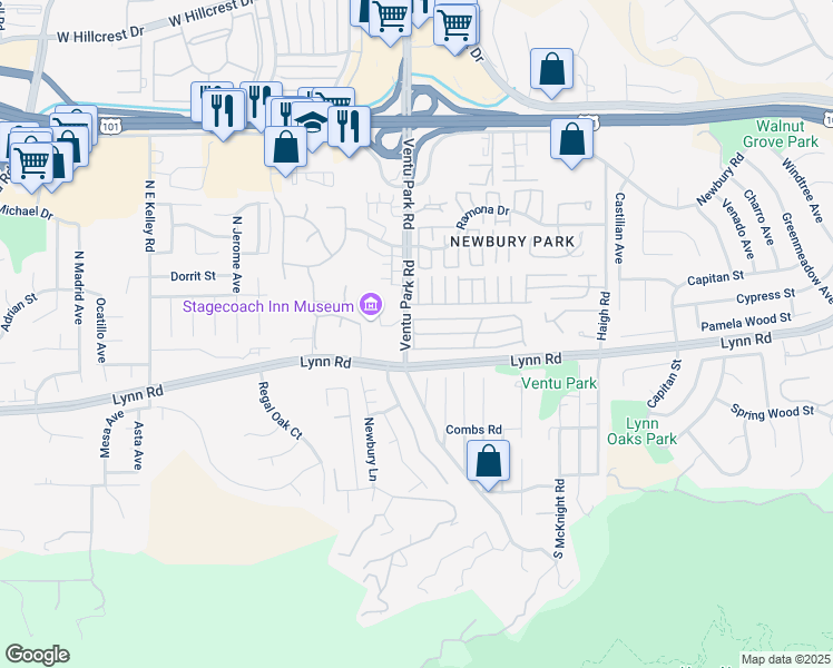 map of restaurants, bars, coffee shops, grocery stores, and more near 58 Farland Drive in Thousand Oaks