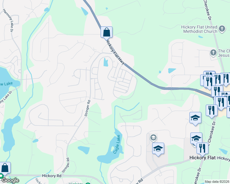 map of restaurants, bars, coffee shops, grocery stores, and more near 5308 Hickory Flat Highway in Canton