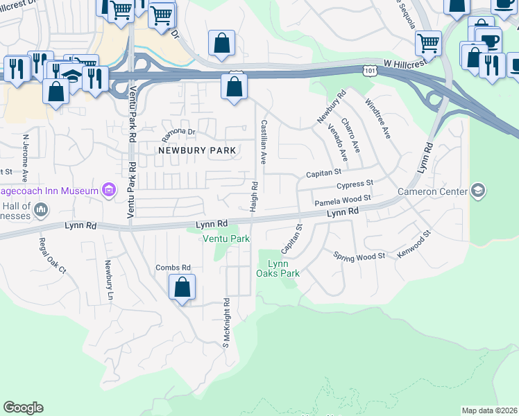 map of restaurants, bars, coffee shops, grocery stores, and more near 927 Tupelo Wood Court in Thousand Oaks