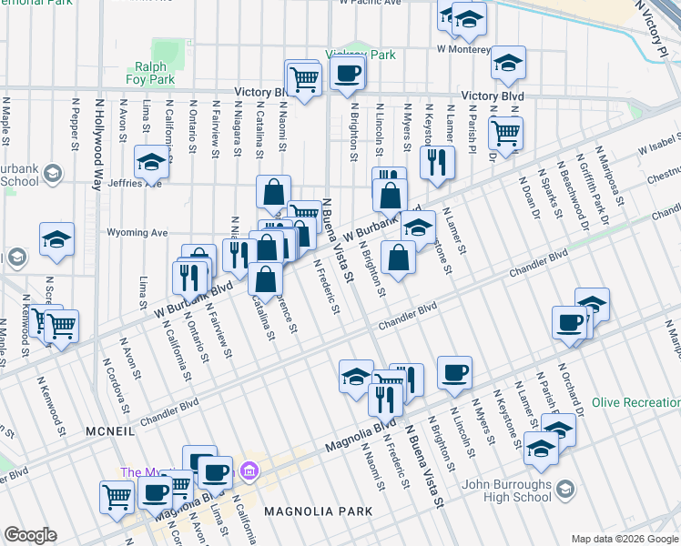 map of restaurants, bars, coffee shops, grocery stores, and more near 1119 North Buena Vista Street in Burbank