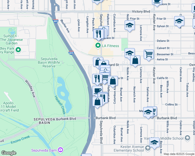 map of restaurants, bars, coffee shops, grocery stores, and more near 5845 Sepulveda Boulevard in Los Angeles