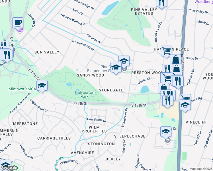 map of restaurants, bars, coffee shops, grocery stores, and more near 654 Lawshe Court in Wilmington