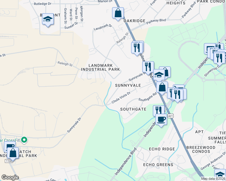 map of restaurants, bars, coffee shops, grocery stores, and more near 300 Sunnyvale Drive in Wilmington