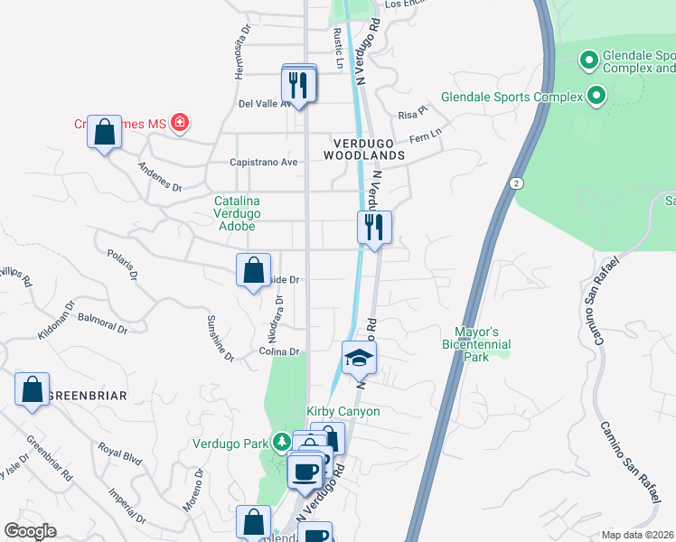 map of restaurants, bars, coffee shops, grocery stores, and more near 1743 Hillside Drive in Glendale
