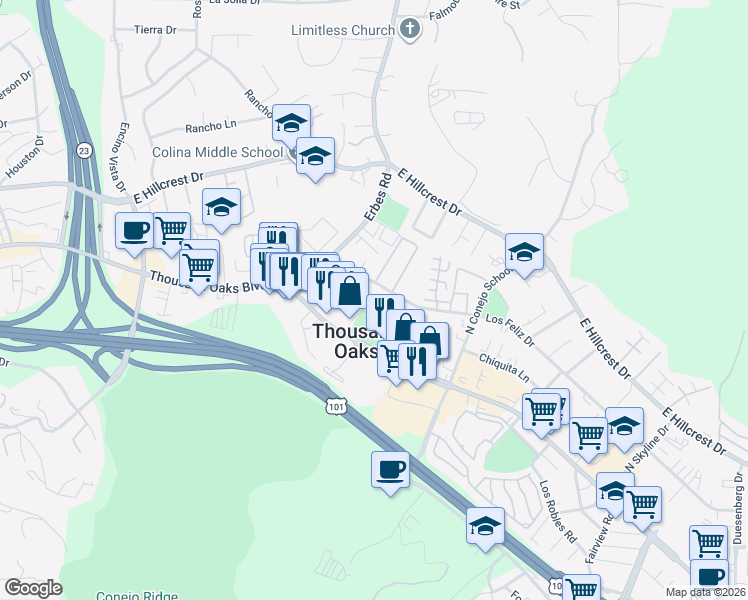 map of restaurants, bars, coffee shops, grocery stores, and more near 1940 Los Feliz Drive in Thousand Oaks