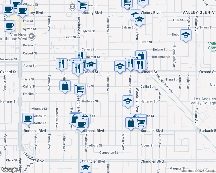 map of restaurants, bars, coffee shops, grocery stores, and more near 5856 Ranchito Avenue in Los Angeles