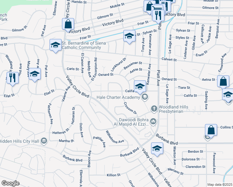 map of restaurants, bars, coffee shops, grocery stores, and more near 23942 Califa Street in Los Angeles