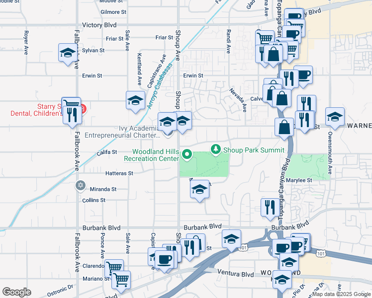 map of restaurants, bars, coffee shops, grocery stores, and more near 22348 Tiara Street in Los Angeles