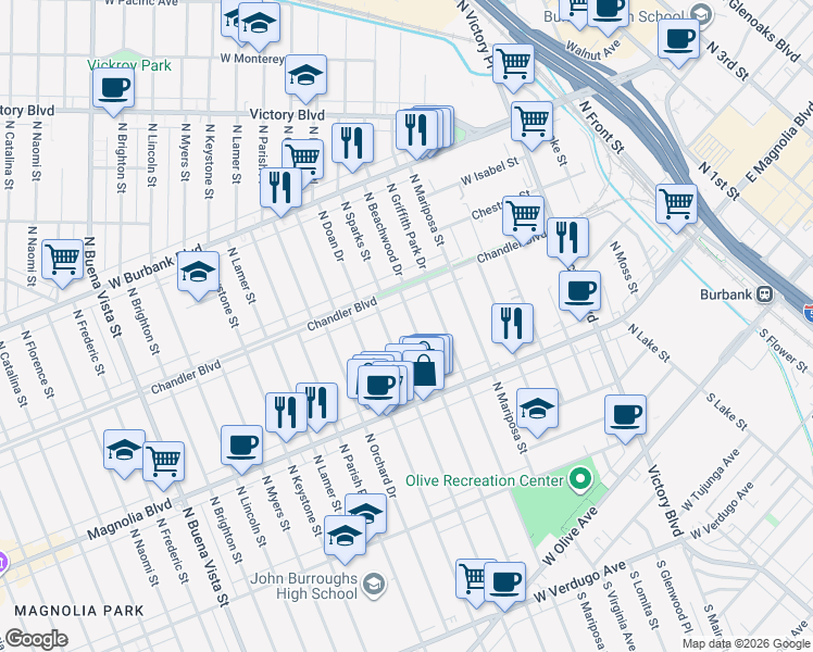 map of restaurants, bars, coffee shops, grocery stores, and more near 617 North Beachwood Drive in Burbank