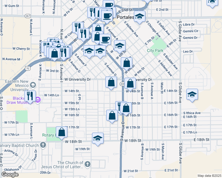 map of restaurants, bars, coffee shops, grocery stores, and more near 1417 South Avenue G in Portales