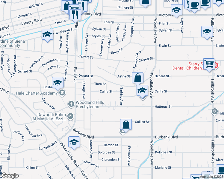 map of restaurants, bars, coffee shops, grocery stores, and more near 23445 Califa Street in Los Angeles