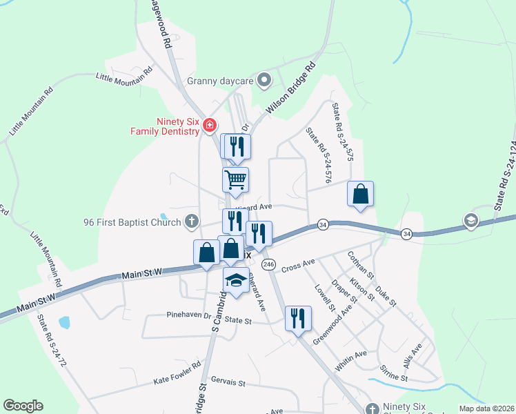 map of restaurants, bars, coffee shops, grocery stores, and more near 101 Kinard Avenue in Ninety Six