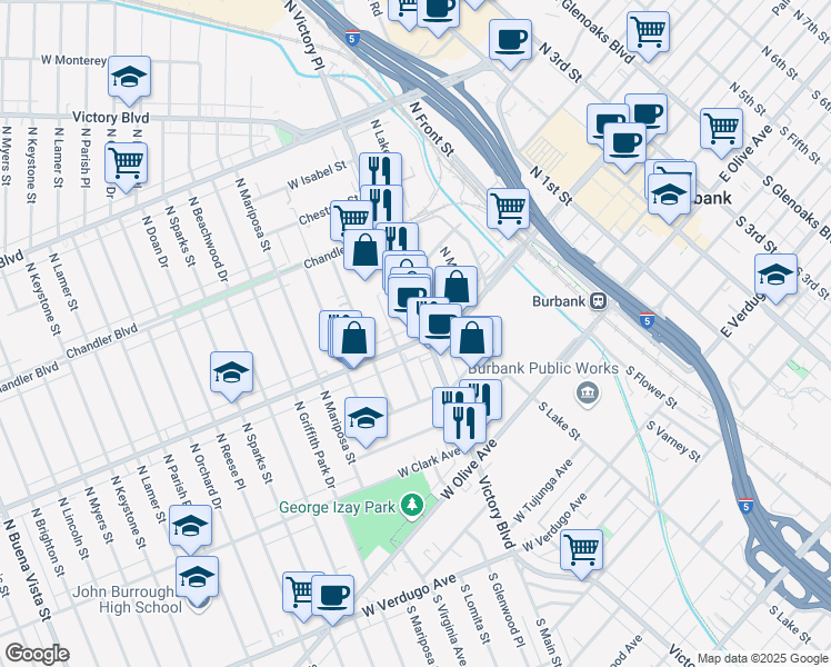 map of restaurants, bars, coffee shops, grocery stores, and more near 401 North Victory Boulevard in Burbank