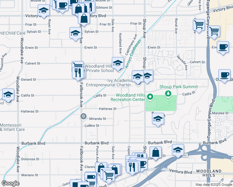map of restaurants, bars, coffee shops, grocery stores, and more near 22545 Califa Street in Los Angeles