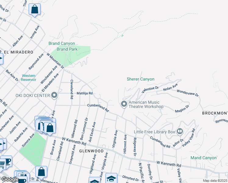 map of restaurants, bars, coffee shops, grocery stores, and more near 652 Robin Glen Drive in Glendale
