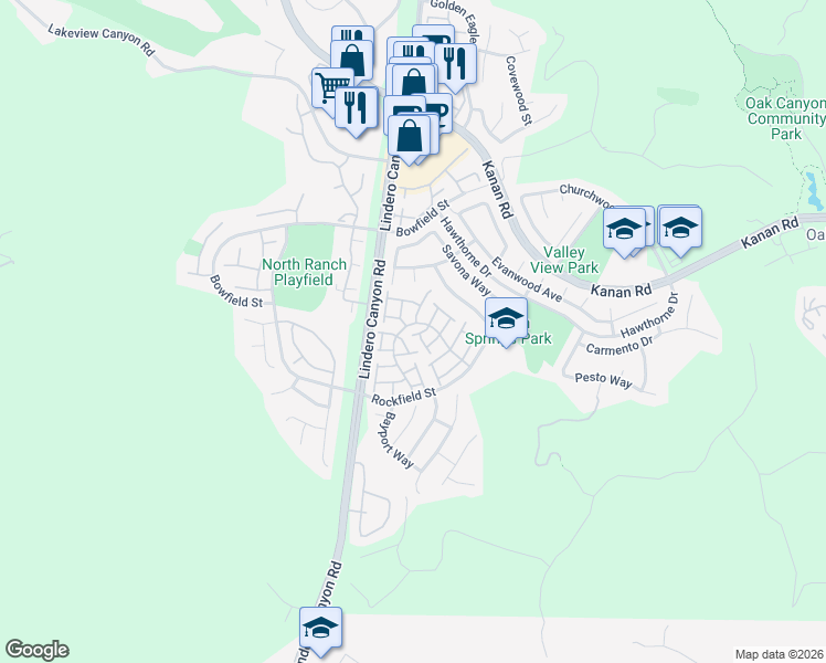 map of restaurants, bars, coffee shops, grocery stores, and more near 4827 La Vella Drive in Oak Park