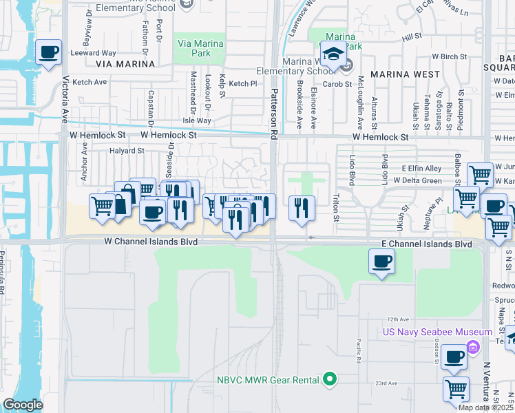 map of restaurants, bars, coffee shops, grocery stores, and more near 428 Hudson Lane in Port Hueneme