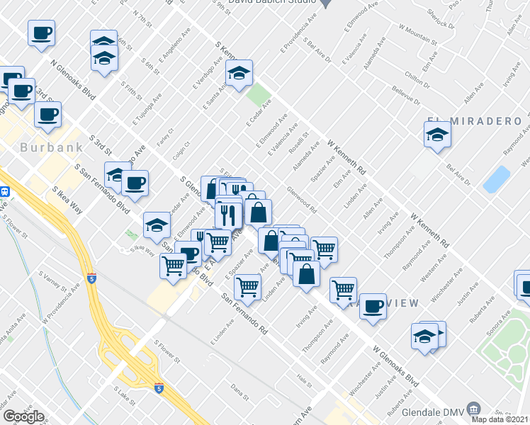 map of restaurants, bars, coffee shops, grocery stores, and more near 2050 5th Street in Glendale