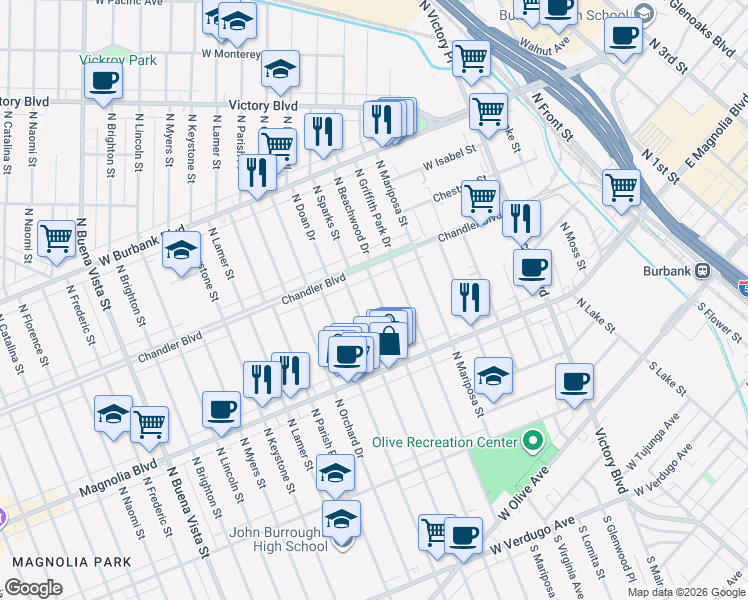 map of restaurants, bars, coffee shops, grocery stores, and more near 617 North Beachwood Drive in Burbank