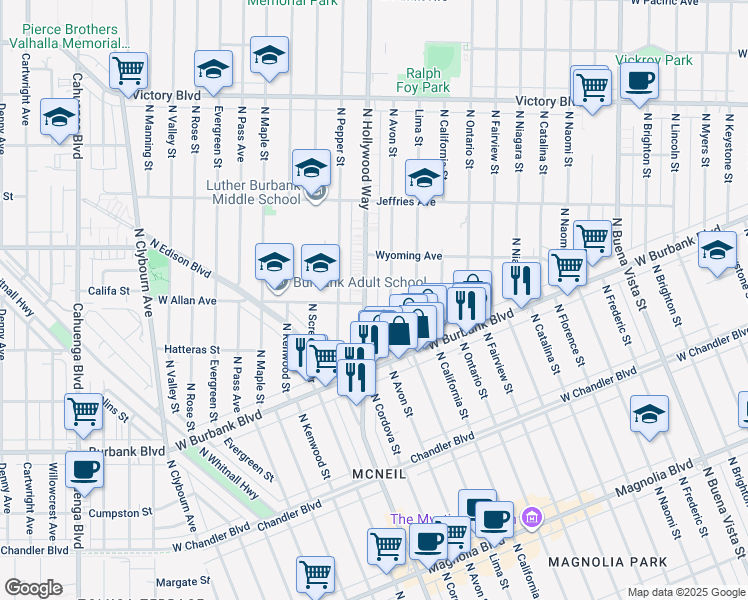 map of restaurants, bars, coffee shops, grocery stores, and more near 1503 North Avon Street in Burbank