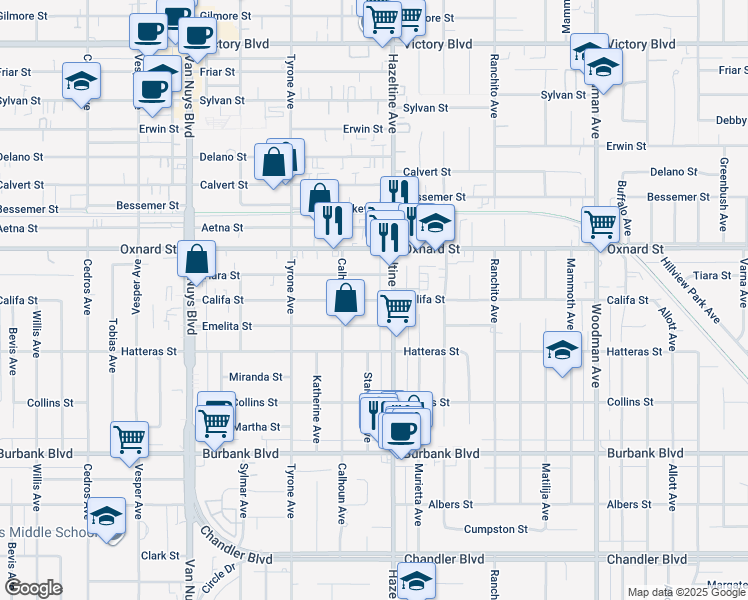 map of restaurants, bars, coffee shops, grocery stores, and more near 14142 Califa Street in Los Angeles