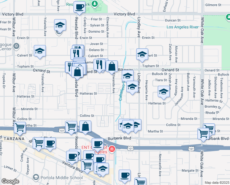 map of restaurants, bars, coffee shops, grocery stores, and more near 18211 Emelita Street in Los Angeles