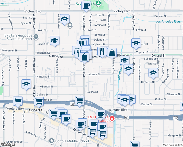 map of restaurants, bars, coffee shops, grocery stores, and more near 18411 Hatteras Street in Los Angeles