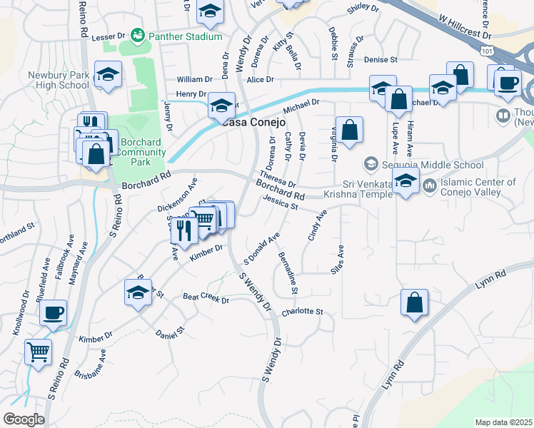 map of restaurants, bars, coffee shops, grocery stores, and more near 36 Marty Court in Thousand Oaks